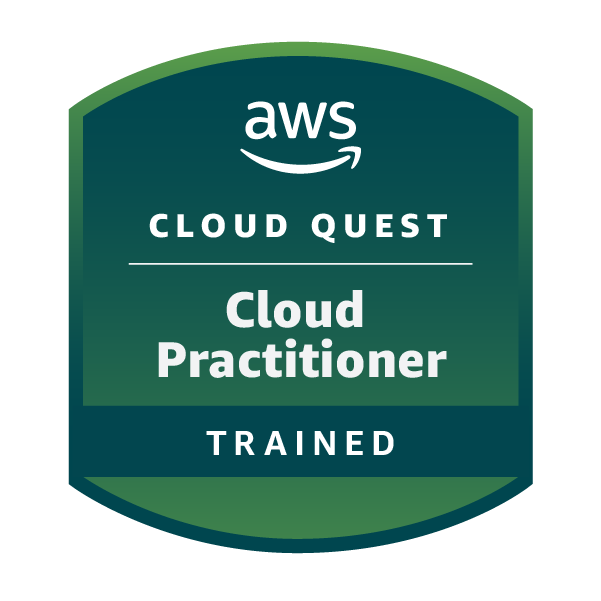 AWS Cloud Quest: Cloud Practitioner badge image. Learning. Issued by Amazon Web Services Training and Certification
